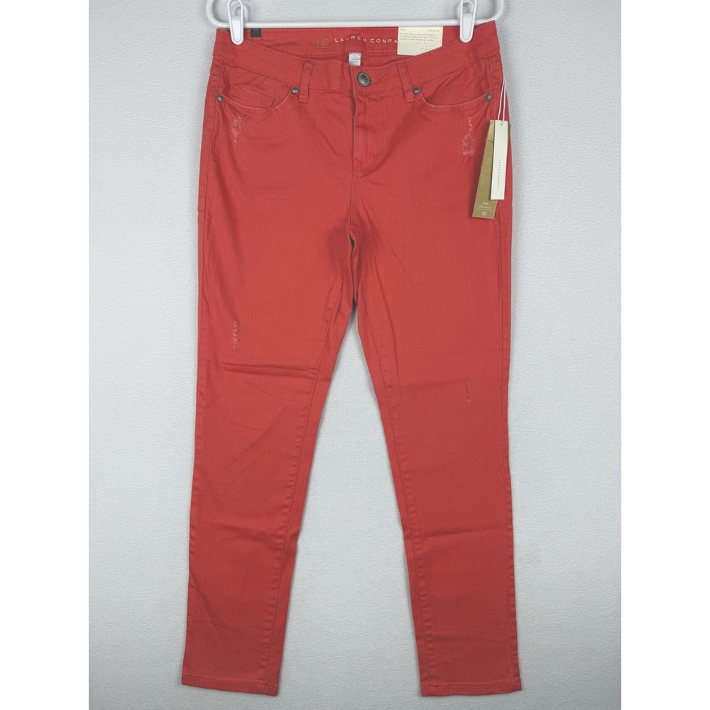 NWT LC Lauren Conrad Kate Pencil Jeans Womens 10 Coral Distressed Stretch Slim
